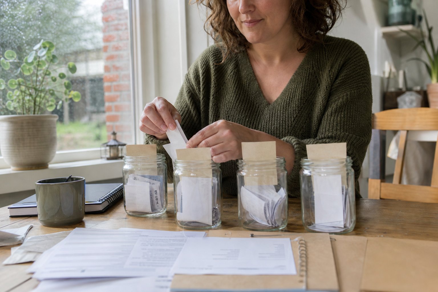 Vrouw verdeelt papieren over vier glazen potten om een financiële buffer op te bouwen
