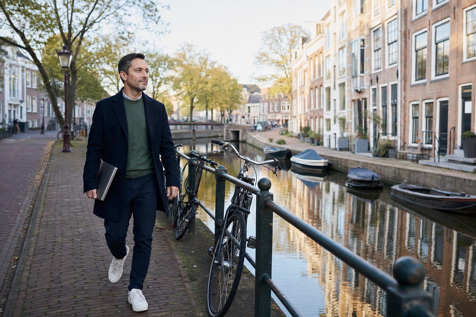 Ondernemer loopt met een laptophoes langs een rustige Nederlandse gracht om zijn werkprioriteiten te overdenken